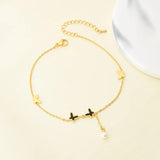 Stainless steel black white pearl butterflies anklet