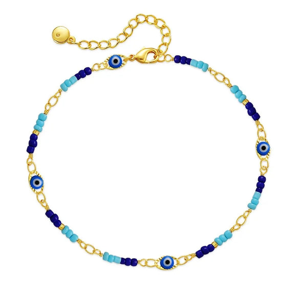 Copper plated 18k gold boho blue beads evil eye anklet