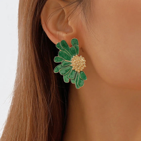 Green big petal flower stud earrings