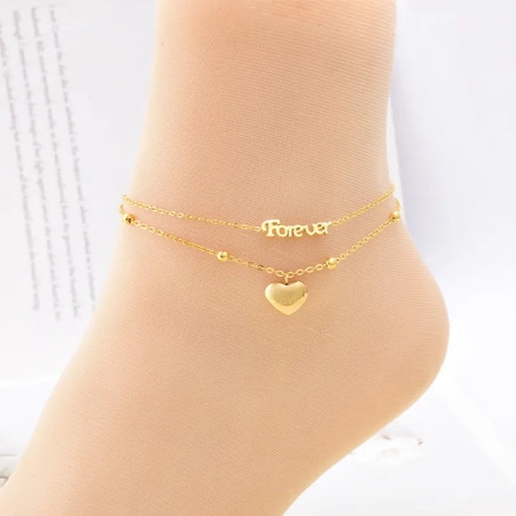 Stainless steel 2 layers forever love heart anklet