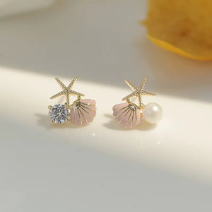 starfish pink shell stud imitation pearl earrings