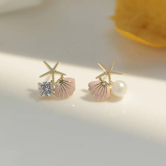 starfish pink shell stud imitation pearl earrings