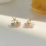 starfish pink shell stud imitation pearl earrings