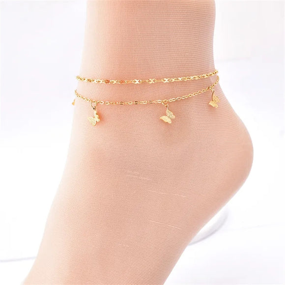 stainless steel gold butterflies 2 layers anklet