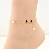 Stainless steel black white pearl butterflies anklet