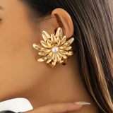 vintage metal big flower gold stud earrings