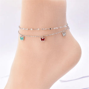 Stainless steel silver 2 layers butterflies charm anklet