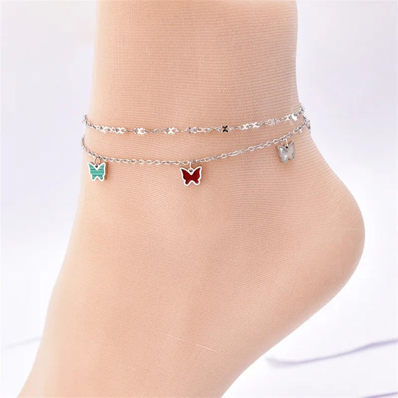 Stainless steel silver 2 layers butterflies charm anklet