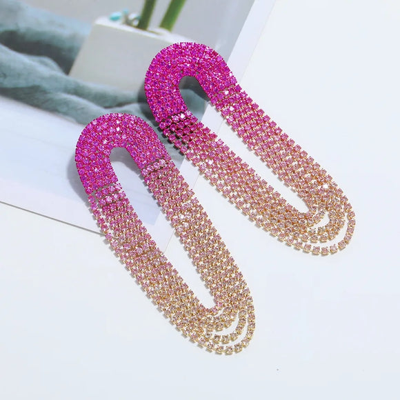 rose pink rhinstones Oval tassel earrings