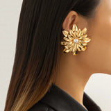 vintage metal big flower gold stud earrings