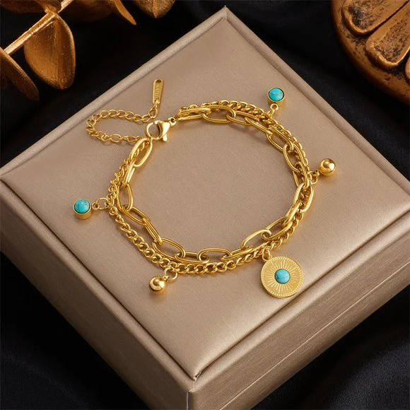 Stainless steel multilayer green stone bracelet