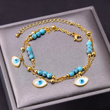 Stainless steel beaded stone eyes charm 2 layers anklet