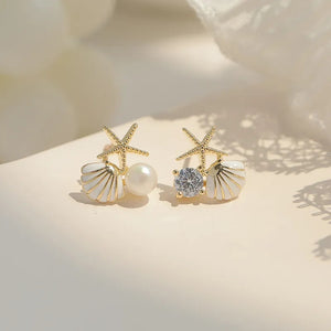 starfish  white shell stud imitation pearl earrings