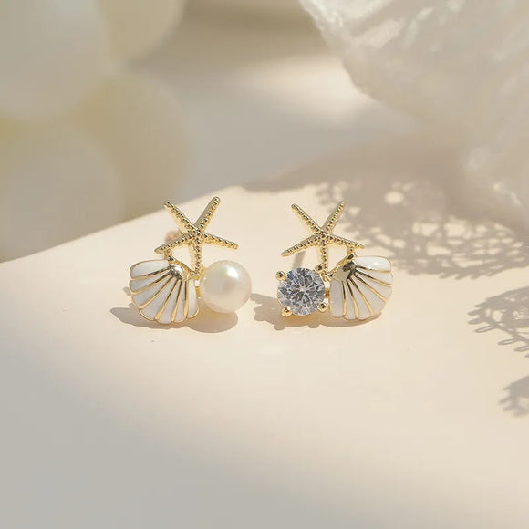 starfish  white shell stud imitation pearl earrings