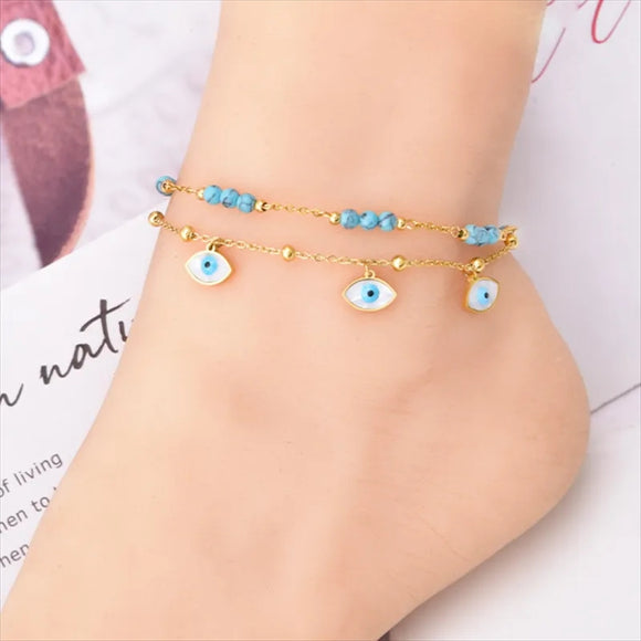 Stainless steel beaded stone eyes charm 2 layers anklet