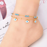 Stainless steel beaded stone eyes charm 2 layers anklet