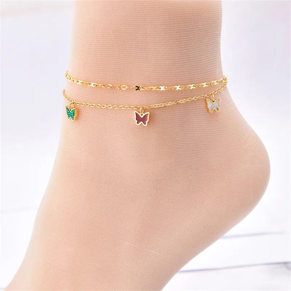 Stainless steel gold 2 layers butterflies charm anklet