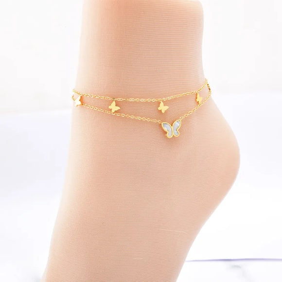 Stainless steel 2 layers white butterflies anklet
