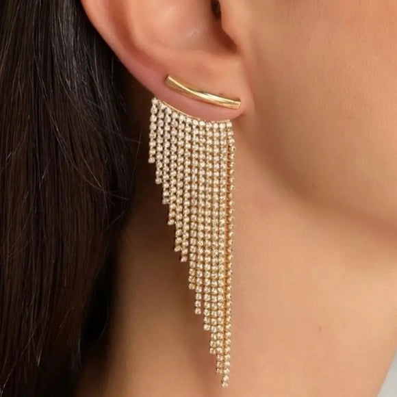 Fashion statement long tassel gold crystal drop earrings