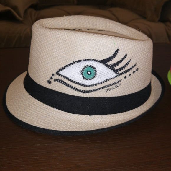 Straw hat hand painted green evil eye