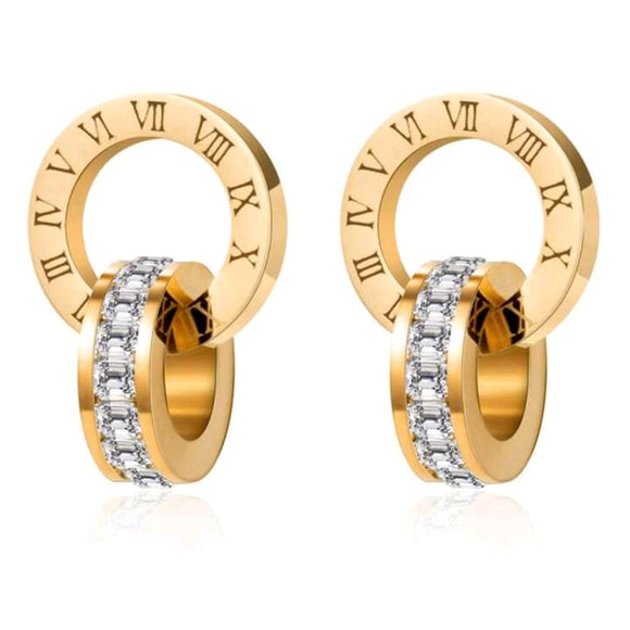 Stainless steel roman numeral gold earrings