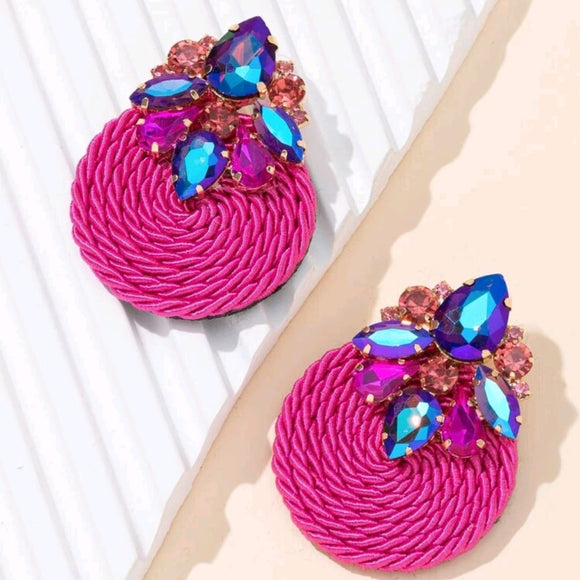 Hot pink rhinestones handmade earrings