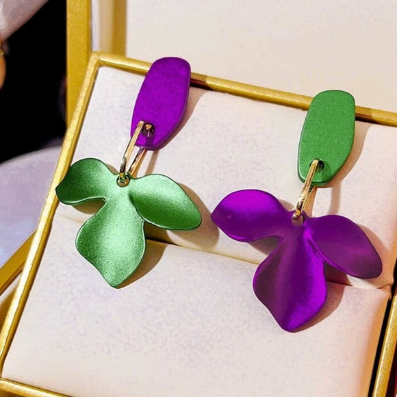 Petal Mismatched Drop Earrings purple green