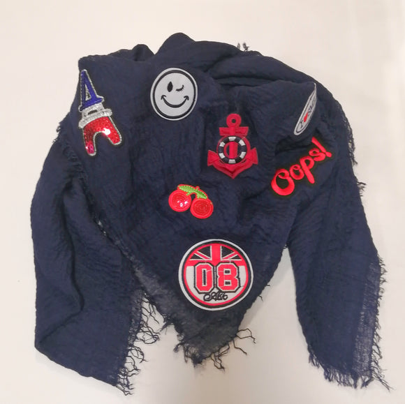 Navy blue handmade scarf with patches