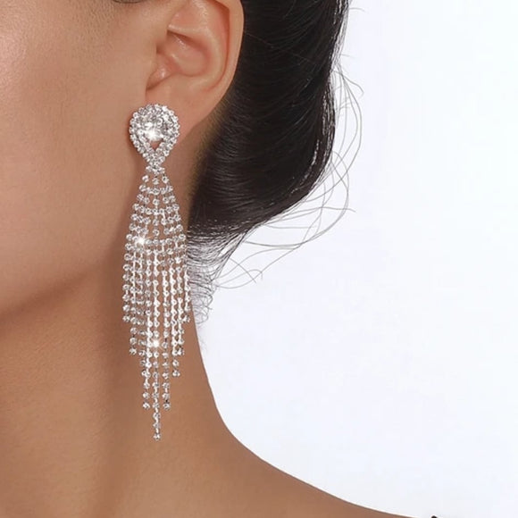 Drop tassel rhinestones silver earrings