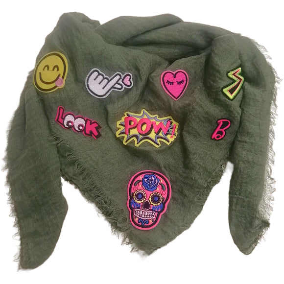 Green wrinkled soft handmade scarf with patches