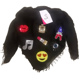Black wrinkled soft handmade scatf qith patches