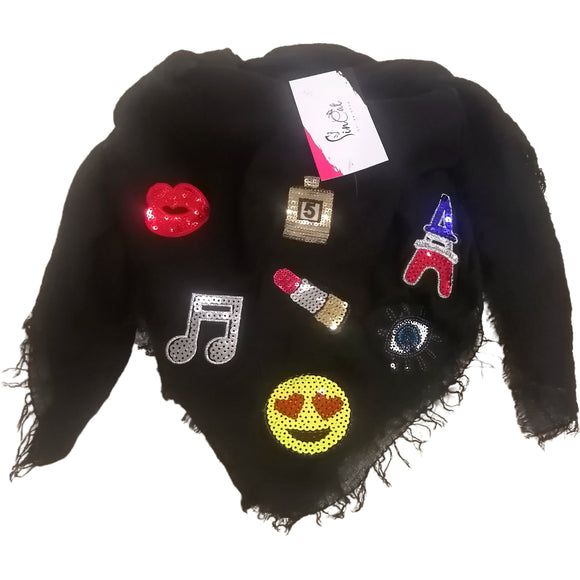 Black wrinkled soft handmade scatf qith patches