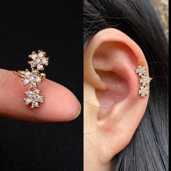 1 pcs 3 flowers shape gold cubic zirconia cuff earrings