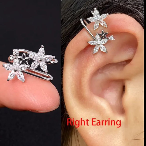 1 pcs  2 flowers shape silver cubic zirconia cuff earrings
