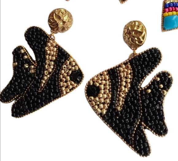 Black and gold handmade beaded fish earrings