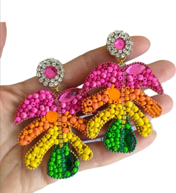 Rainbow colors handmade leaf beaded earrings