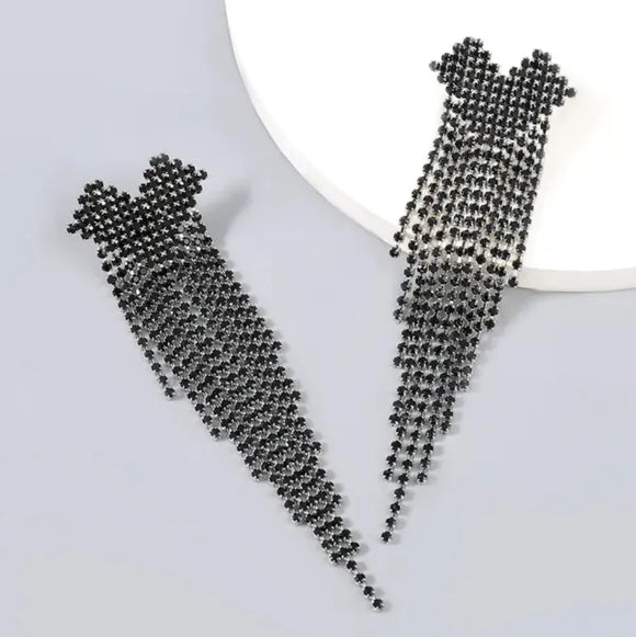 new trend heart shape black rhinestone tassel earrings