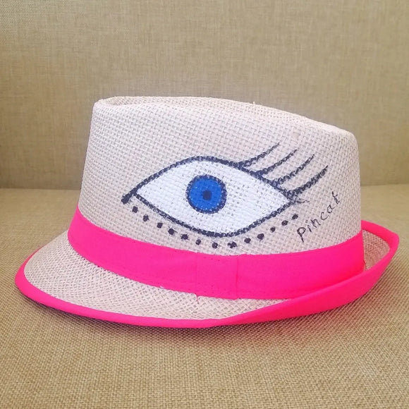 Hand painted hat pink eye it's in the eye straw