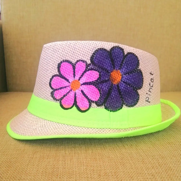 Fluo pistache flower hand painted straw hat