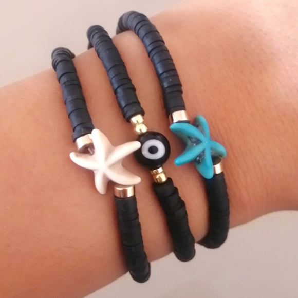 vinyl black disc starfish eye elastic bracelet
