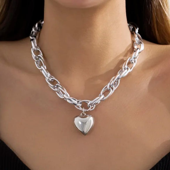 punk big heart silver chain necklace