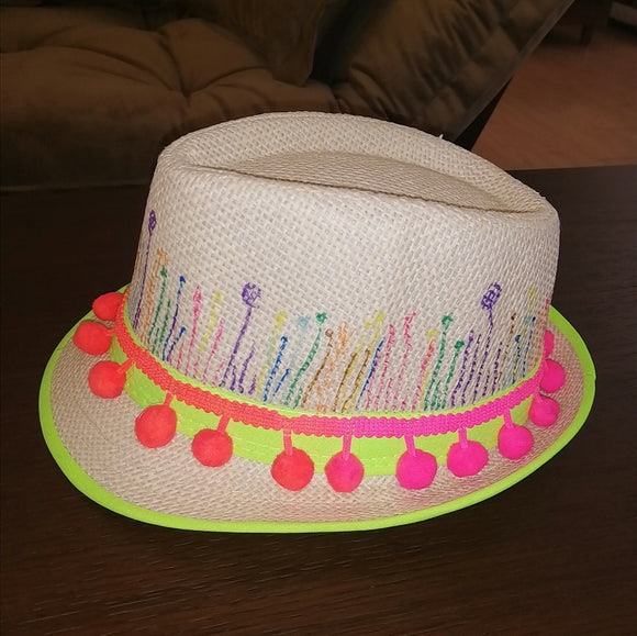 Pompom straw hat hand painted