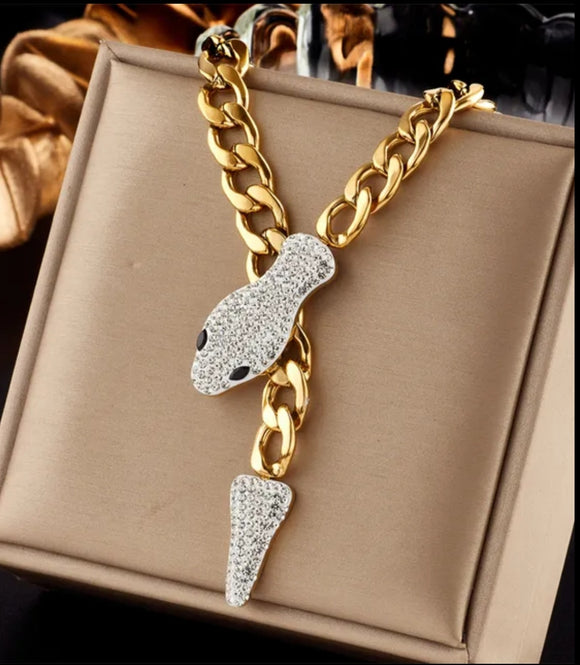 stainless steel rhinestone snake gold necklace