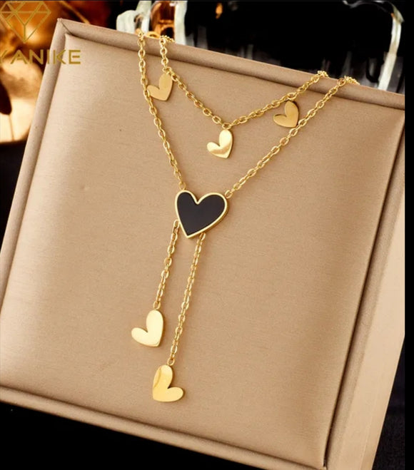 stainless steel black heart 2 layers gold necklace