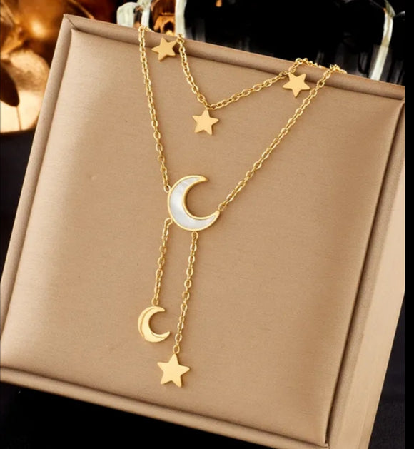 stainless steel stat moon 2 layers gold necklace