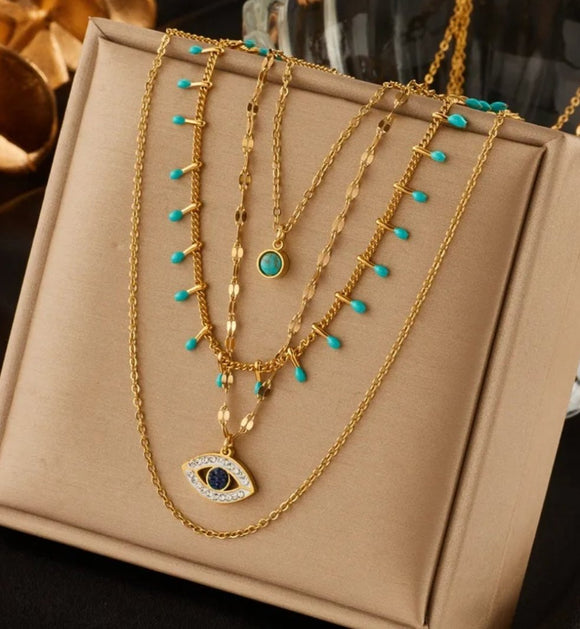 stainless steel green stone zircon eye multilayer boho necklace