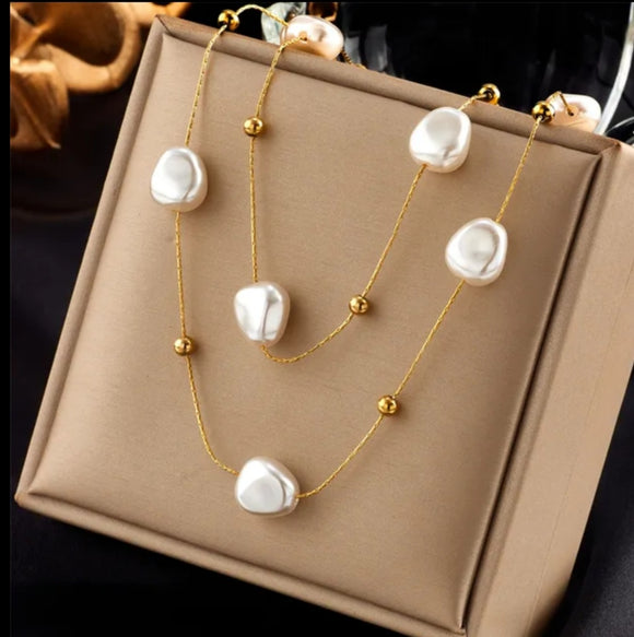 stainless steel large pearl 2 layers gold necklace