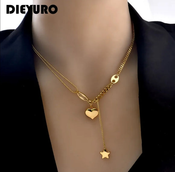 stainless steel long love heart star hanging chain gold necklace