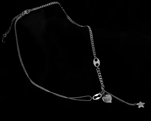 stainless steel long love heart star haiging chain silver necklace