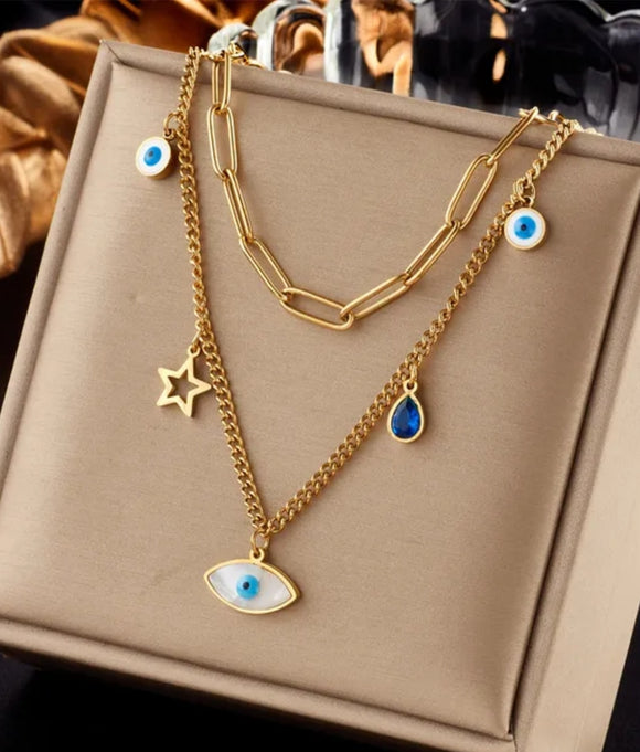 stainless steel evil eye tear drop star 2 layers necklace